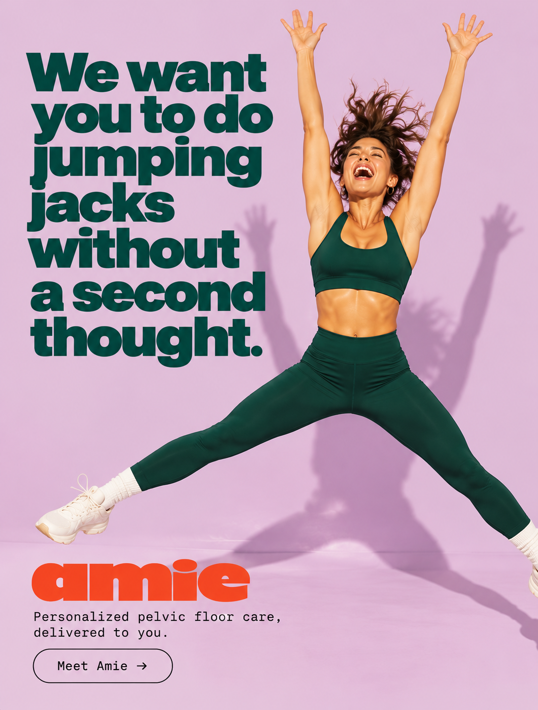 Amie ad: a woman laughing while doing a jumping jack mid-air against a lavender background