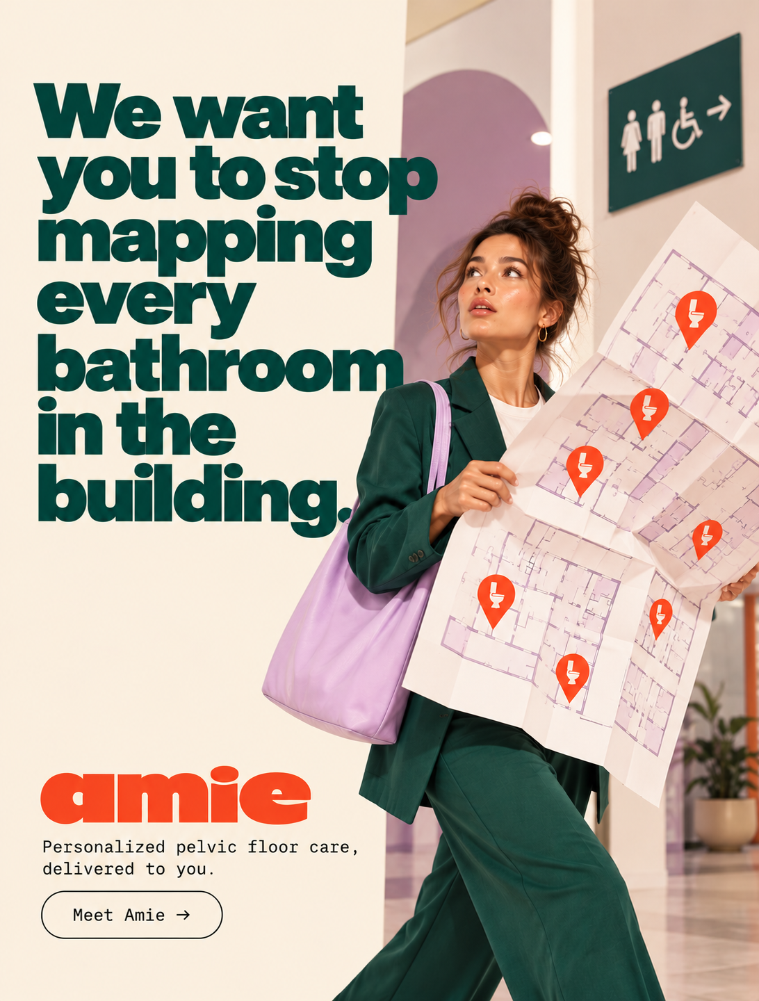 Amie ad: a woman walking a corridor holding a floor plan marked with toilet pins